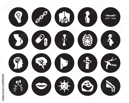 20 vector icon set : Ear lobe side view, Basophil, Big Cellule, Lips, Blood Supply System, Closed eyes with lashes and brows, Brain upper Bosom isolated on black background