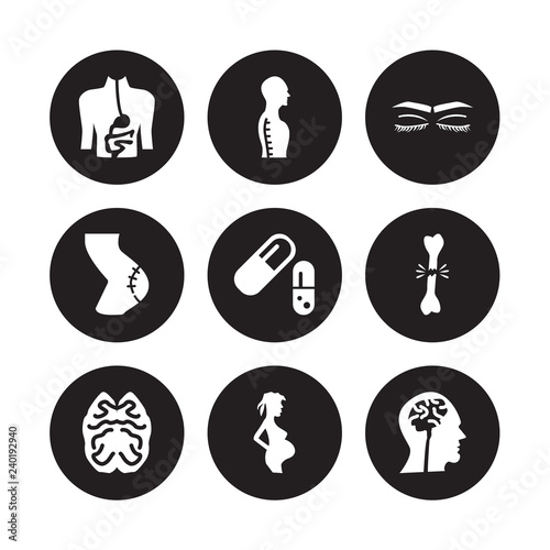 9 vector icon set : Digestive System, Column inside a male human body in side view, Brain upper Broken bone, Capsule black and white variant isolated on background