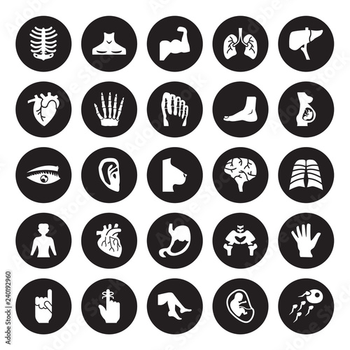 25 vector icon set : Human Ribs, Fetus in an uterus, Foot side view, Hand finger with a ribbon, gesture raising the index finger, isolated on black background.