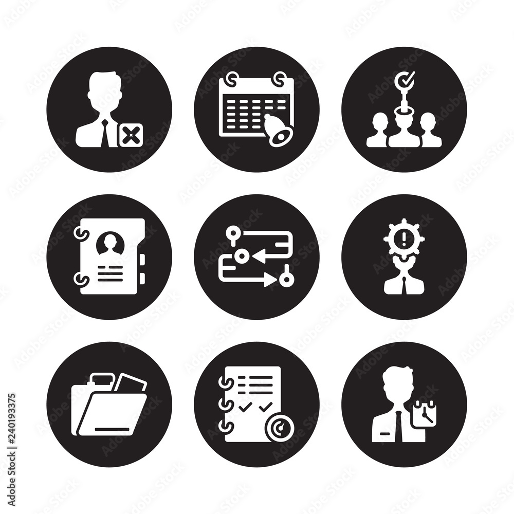 9 vector icon set : Remove user, Reminder, Portfolio, Problems, Process, Recruitment, Profiles, Planning isolated on black background 9 vector icon set : Remove user, Reminder, Portfolio, Problems, Process, Recruitment, Profiles, Planning isolated on black background