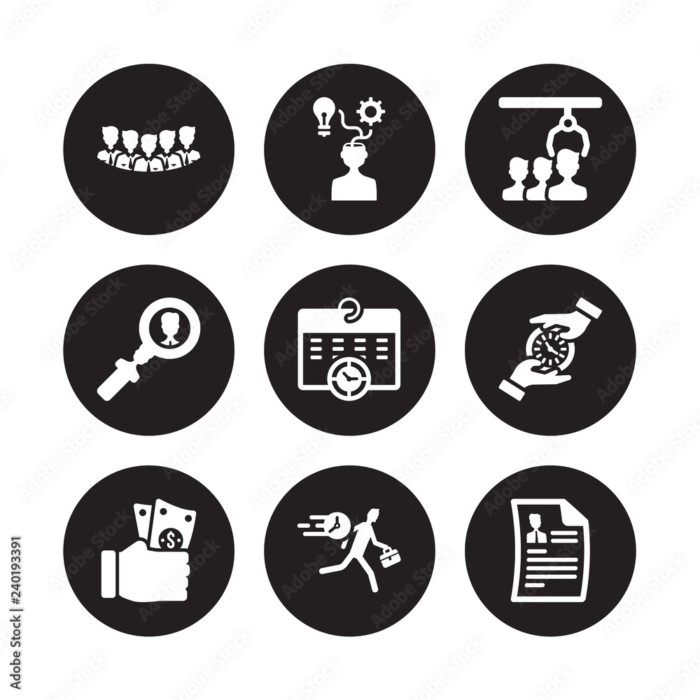 9 vector icon set : Staff, Skills, Salary, Save time, Schedule, Selection process, Searching, Rush isolated on black background