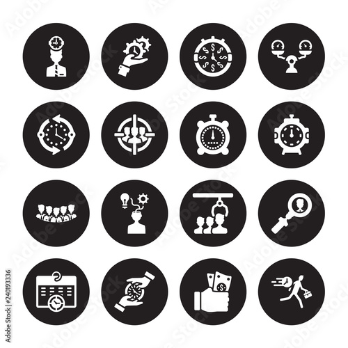 16 vector icon set : Time mind, Salary, Save time, Schedule, Searching, Rush, Time, Staff, Stopwatch isolated on black background