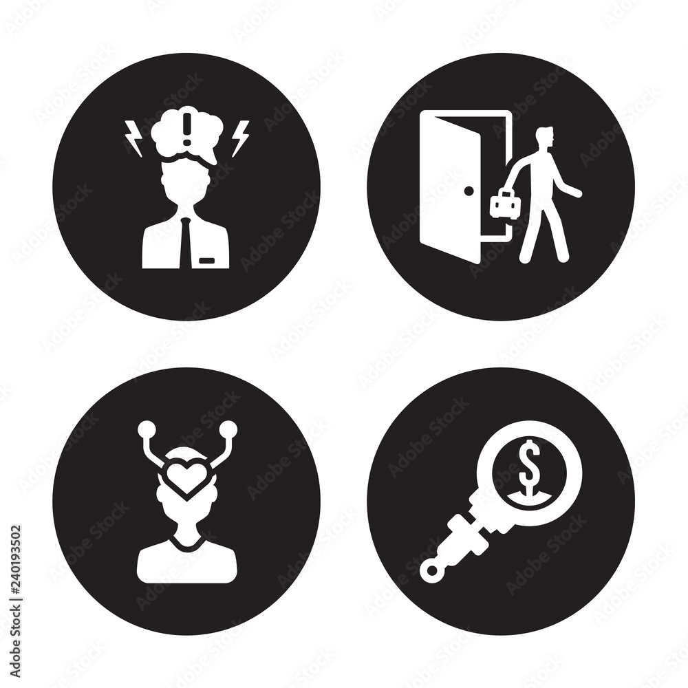 4 vector icon set : Grievance, Emotional intelligence, Exit interview, Due diligence isolated on black background