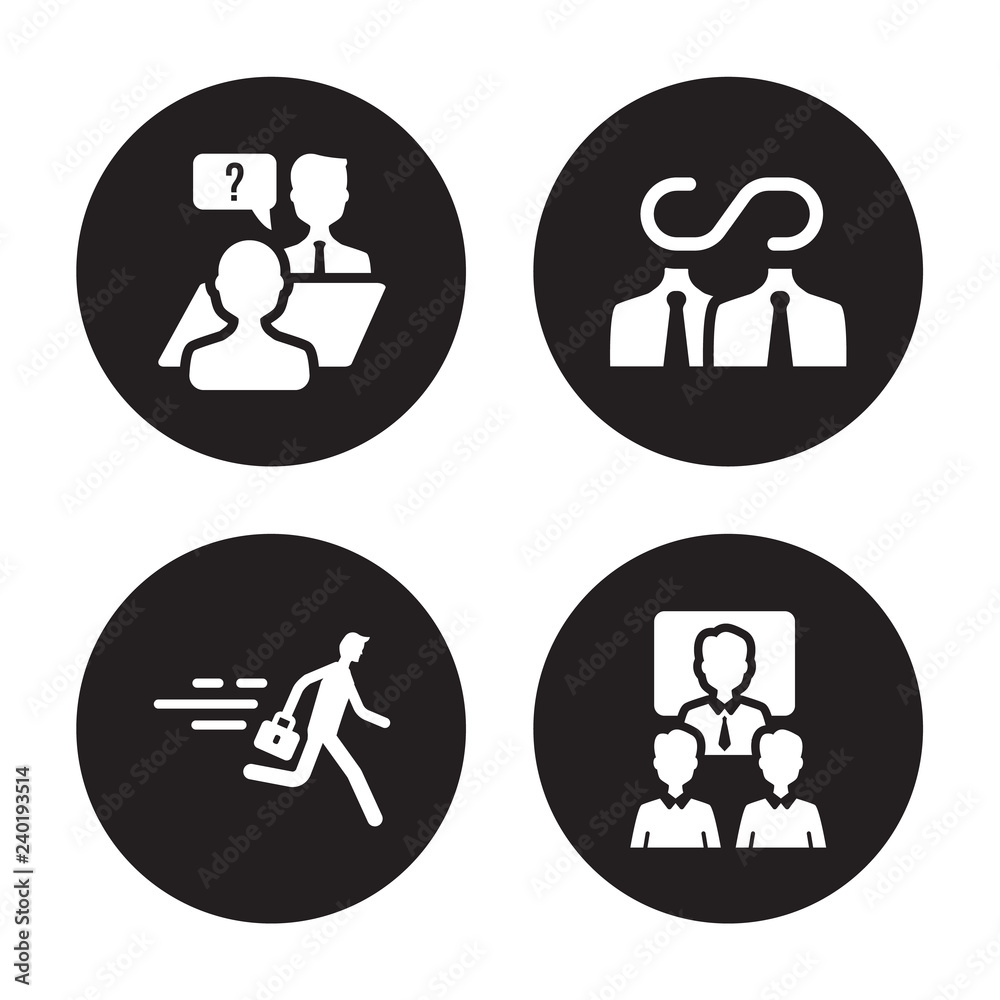 4 vector icon set : Interview, Hurry, Infinite, Humanpictos isolated on black background 4 vector icon set : Interview, Hurry, Infinite, Humanpictos isolated on black background