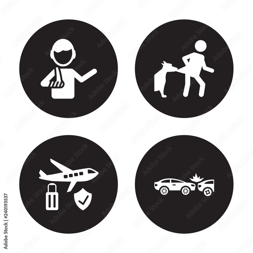 4 vector icon set : Broken arm, Air travel insurance, Bite, Accident isolated on black background 4 vector icon set : Broken arm, Air travel insurance, Bite, Accident isolated on black background