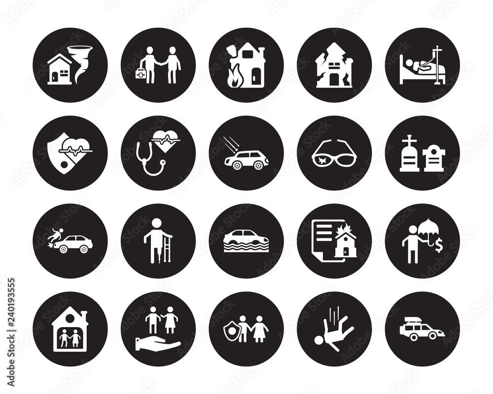 20 vector icon set : Insurance for home of tornado, Falling, Familiar insurance, Family Care, House, Hospitalization, Glasses Flood risk, Frontal crash isolated on black background 20 vector icon set : Insurance for home of tornado, Falling, Familiar insurance, Family Care, House, Hospitalization, Glasses Flood risk, Frontal crash isolated on black background