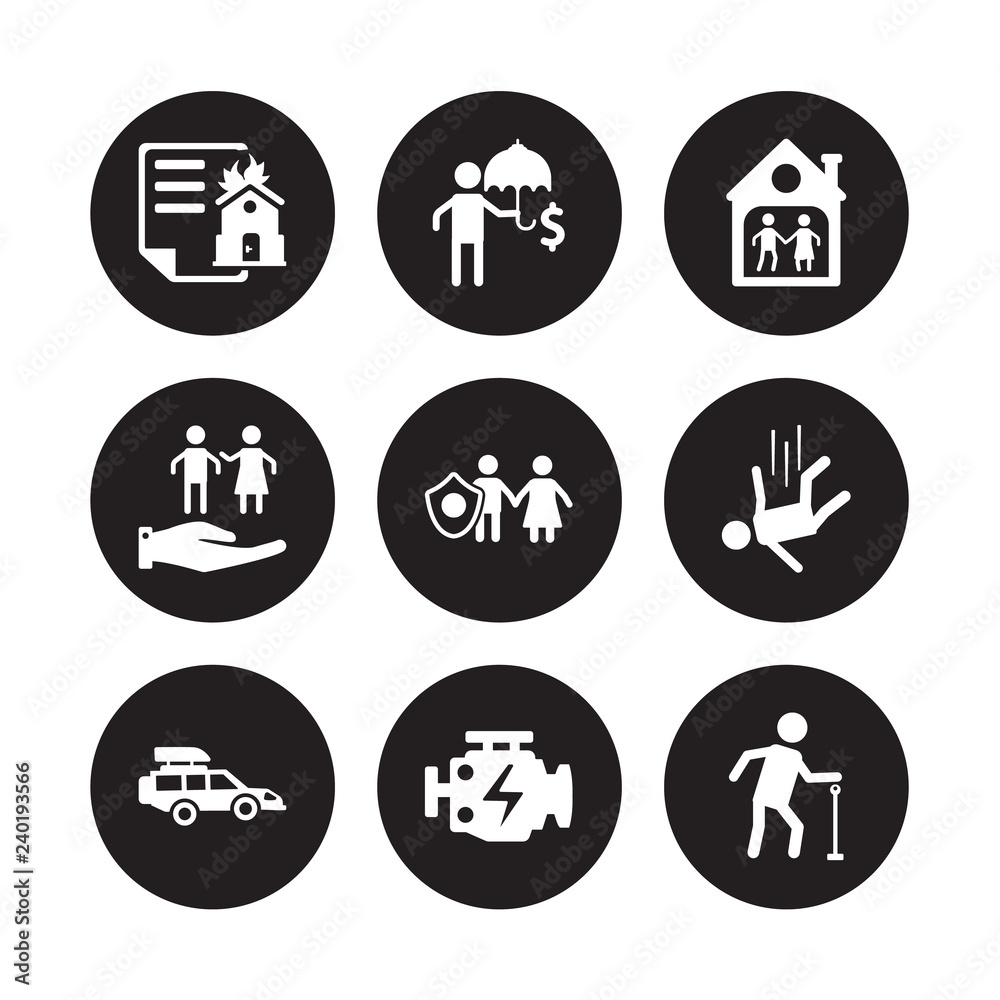 9 vector icon set : Fire insurance, Finances, Excessive weight for the vehicle, Falling, Familiar Family House, Care, Engine problems isolated on black background
