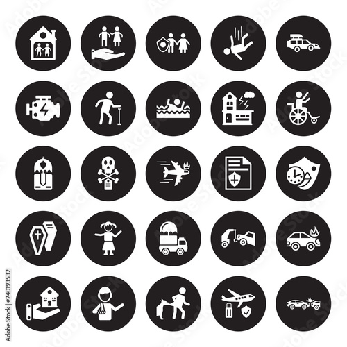 25 vector icon set : Family House, Air travel insurance, Bite, Broken arm, Building Disabled, Contract Coverage, Cargo Coffin, Engine problems isolated on black background.