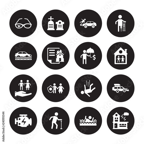 16 vector icon set : Glasses insurance, Drown, Elderly, Engine problems, Excessive weight for the vehicle, Disaster, Flood risk, Family Care, Finances isolated on black background