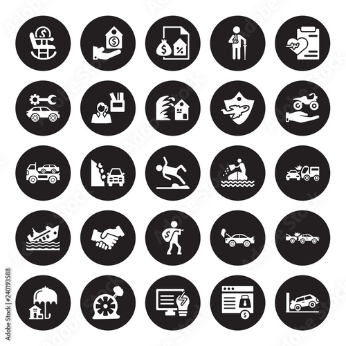 25 vector icon set : Retirement, Payment protection, Problem electric, Puncture in a wheel, Real estate insurance, Transport Sinking, Robbery, Ship insurance isolated on black background.