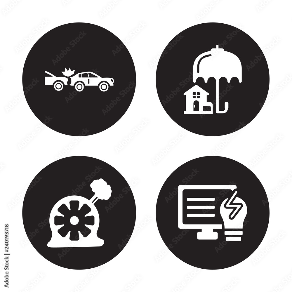 4 vector icon set : Rear end collision, Puncture in a wheel, Real estate insurance, Problem electric isolated on black background 4 vector icon set : Rear end collision, Puncture in a wheel, Real estate insurance, Problem electric isolated on black background