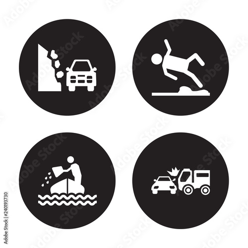 4 vector icon set : Stone on the road, Sinking, Slippery Side crash isolated black background