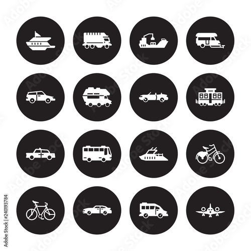 16 vector icon set : catamaran, airport shuttle, Automobile, Bicycle, Bike, Aeroplane, Car, Cab, Cabriolet isolated on black background