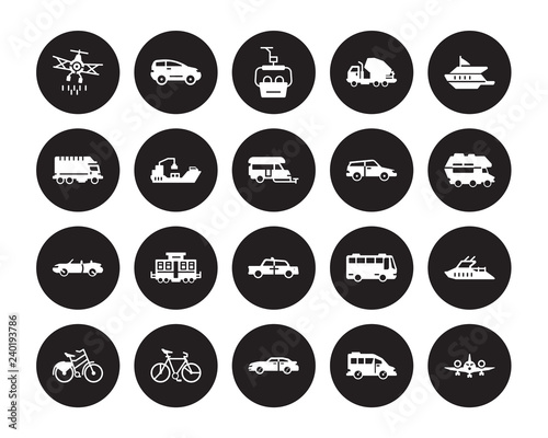 20 vector icon set : crop duster, airport shuttle, Automobile, Bicycle, Bike, catamaran, Car, Cab, Cabriolet, Cargo ship, chairlift isolated on black background