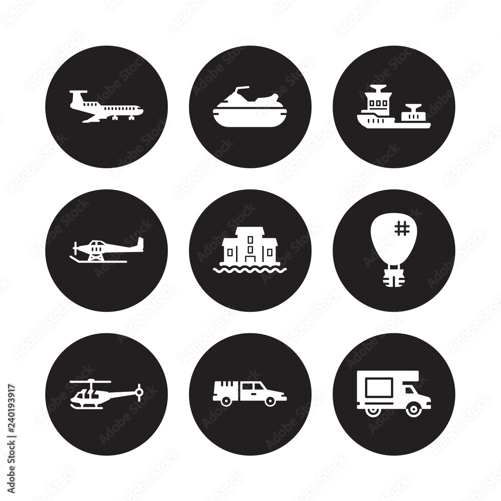 9 vector icon set : jetliner, Jet ski, Helicopter, Hot air balloon, houseboat, icebreaker ship, hydroplane, hearse isolated on black background 9 vector icon set : jetliner, Jet ski, Helicopter, Hot air balloon, houseboat, icebreaker ship, hydroplane, hearse isolated on black background