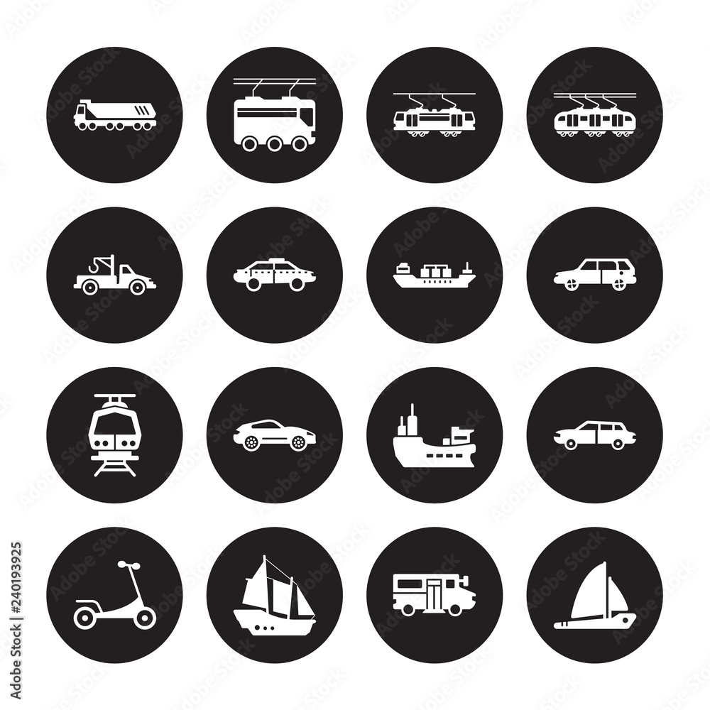 16 vector icon set : Truck, School bus, schooner, Scooter, Sedan, Sailboat, Tow truck, Subway, Tanker isolated on black background