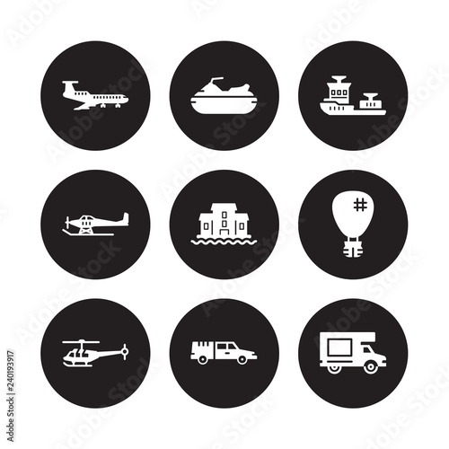 9 vector icon set : jetliner, Jet ski, Helicopter, Hot air balloon, houseboat, icebreaker ship, hydroplane, hearse isolated on black background