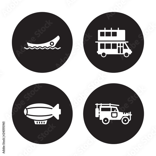 4 vector icon set : dugout canoe, dirigible, Double decker bus, Cruiser isolated on black background