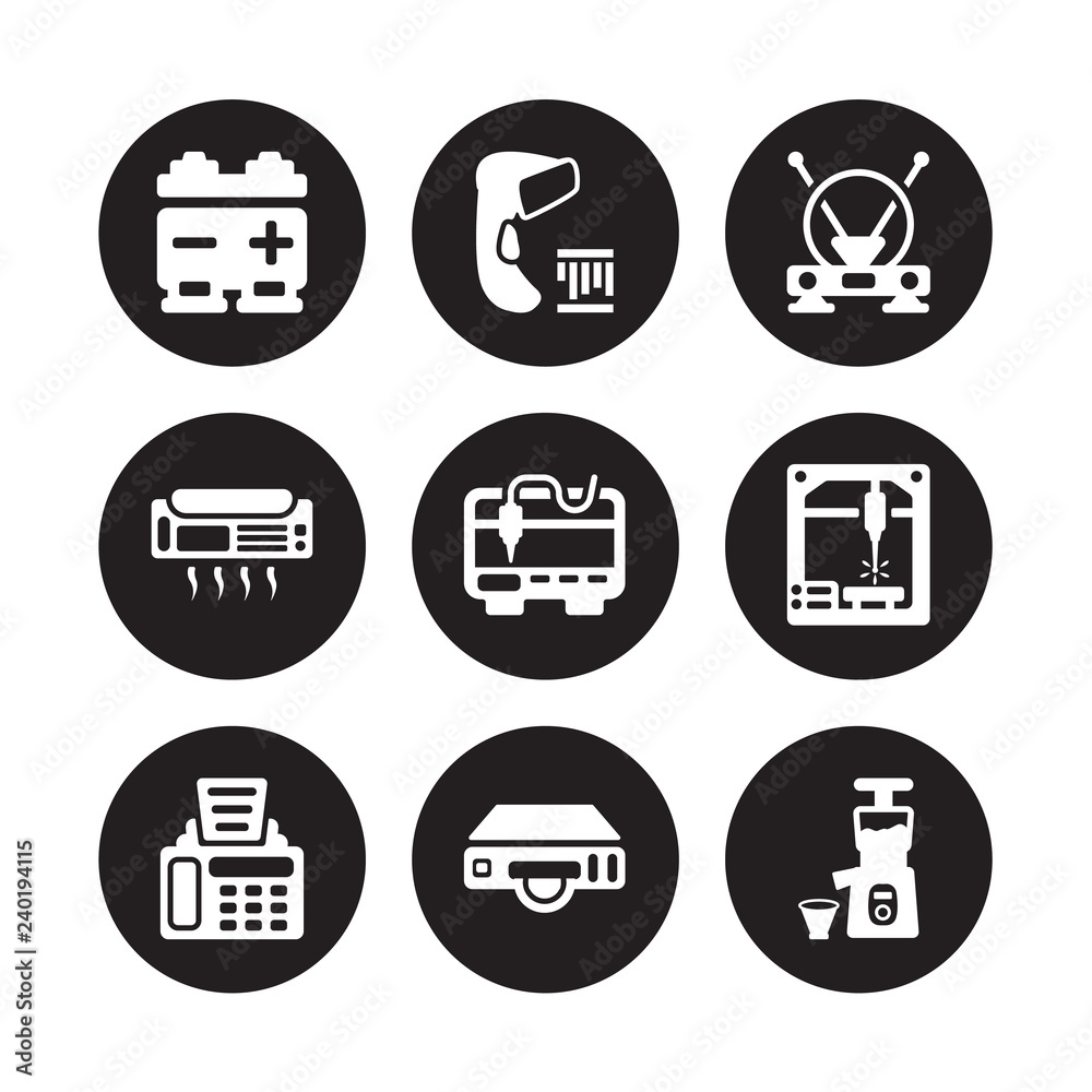 9 vector icon set : Battery, Barcode scanner, Fax Machine, Laser 3d printer, Antenna, Air conditioner, DVD Player isolated on black background 9 vector icon set : Battery, Barcode scanner, Fax Machine, Laser 3d printer, Antenna, Air conditioner, DVD Player isolated on black background