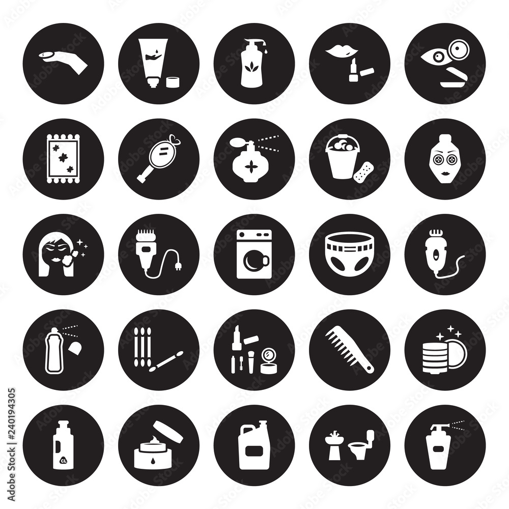 25 vector icon set : Nail, Bathroom, Bleach, body Cream, Chlorine, Face mask, Diaper, Cosmetics, Deodorant, Handkerchief, Liquid soap, Moisturizer isolated on black background. 25 vector icon set : Nail, Bathroom, Bleach, body Cream, Chlorine, Face mask, Diaper, Cosmetics, Deodorant, Handkerchief, Liquid soap, Moisturizer isolated on black background.