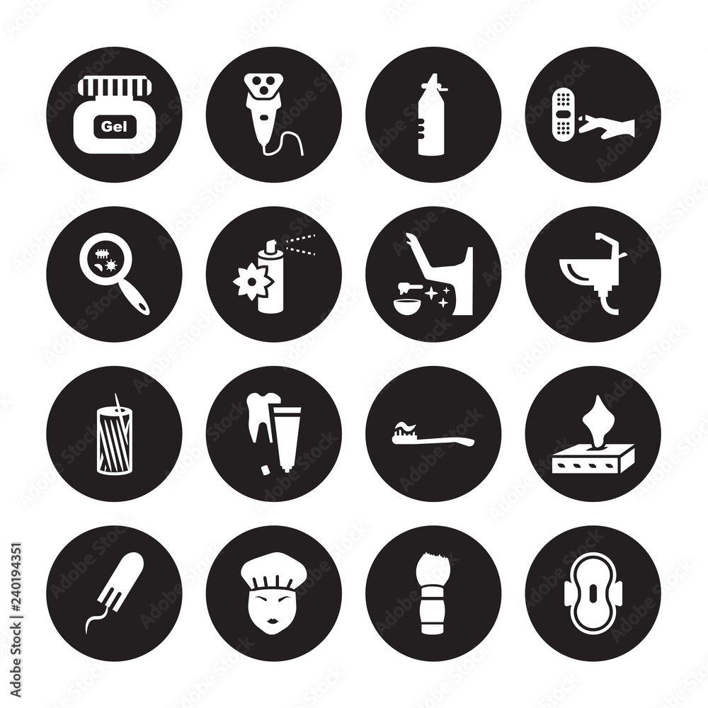 16 vector icon set : Gel, Shaving brush, Shower cap, Tampon, Tissue, Sanitary napkin, Bacteria, Toothpick, Wax isolated on black background