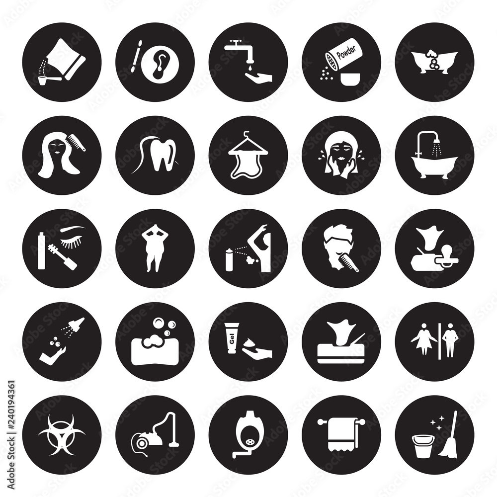 25 vector icon set : Detergent dose, Towel, Urinal, Vacuum, Virus, douche,  beardy, shaving gel, ablution, grooming, scrub up, varnish isolated on black  background. Stock Vector | Adobe Stock