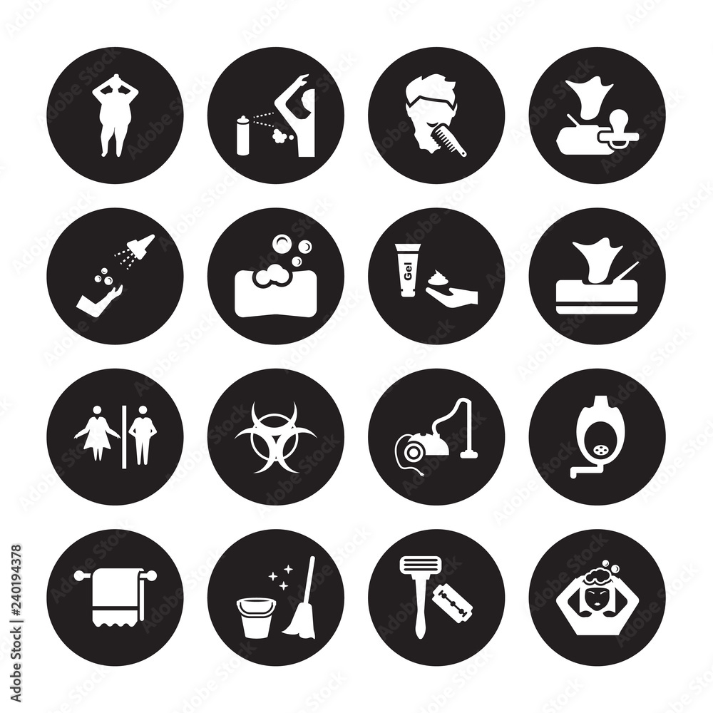 16 vector icon set : body shaming, Razor, Sanitary, Towel, Urinal, Hair washing, ablution, Wc, shaving gel isolated on black background