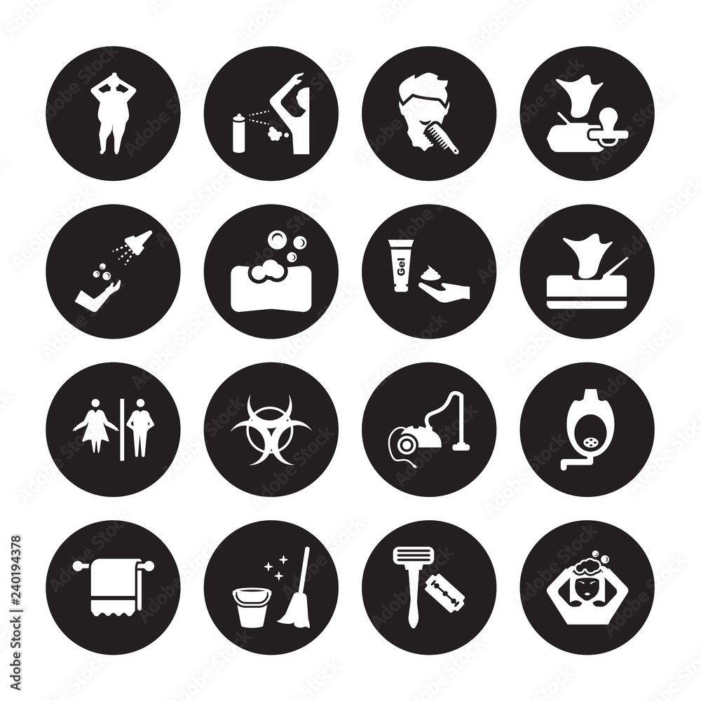 16 vector icon set : body shaming, Razor, Sanitary, Towel, Urinal, Hair washing, ablution, Wc, shaving gel isolated on black background 16 vector icon set : body shaming, Razor, Sanitary, Towel, Urinal, Hair washing, ablution, Wc, shaving gel isolated on black background