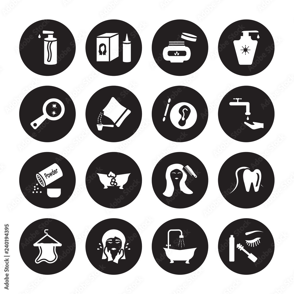 16 vector icon set : pump bottle, douche, face washer, towel, flossing, dolled up, parasite, powder, varnish isolated on black background 16 vector icon set : pump bottle, douche, face washer, towel, flossing, dolled up, parasite, powder, varnish isolated on black background