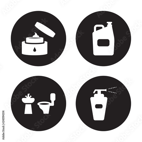 4 vector icon set : body Cream, Bathroom, Bleach, Antiseptic isolated on black background