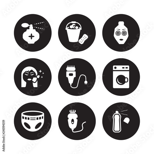 9 vector icon set : Fragance, Foam, Diaper, Dryer, Electric razor, Face mask, cleanser, Depilator isolated on black background
