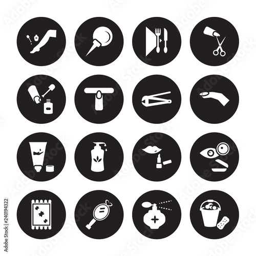 16 vector icon set : Pedicure, Fragance, Hand mirror, Handkerchief, Lens, Foam, Nail polish, Moisturizer, clippers isolated on black background