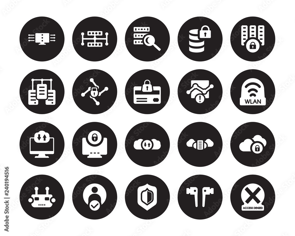 20 vector icon set : data streaming, Airpods, Antivirus, Authentication, Bot, locked, Connection error, Cloud storage, Computing cloud, Cyber security isolated on black background 20 vector icon set : data streaming, Airpods, Antivirus, Authentication, Bot, locked, Connection error, Cloud storage, Computing cloud, Cyber security isolated on black background