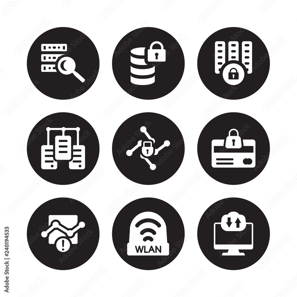 9 vector icon set : data search, Data protection, Connection error, Cit card security, Cyber locked, center, wlan isolated on black background 9 vector icon set : data search, Data protection, Connection error, Cit card security, Cyber locked, center, wlan isolated on black background