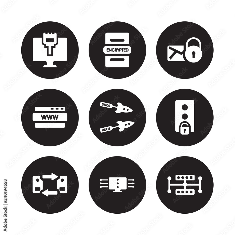 9 vector icon set : Ethernet, Encrypted, Data transfer, data unclocked, Ddos, Email security, domain, streaming isolated on black background