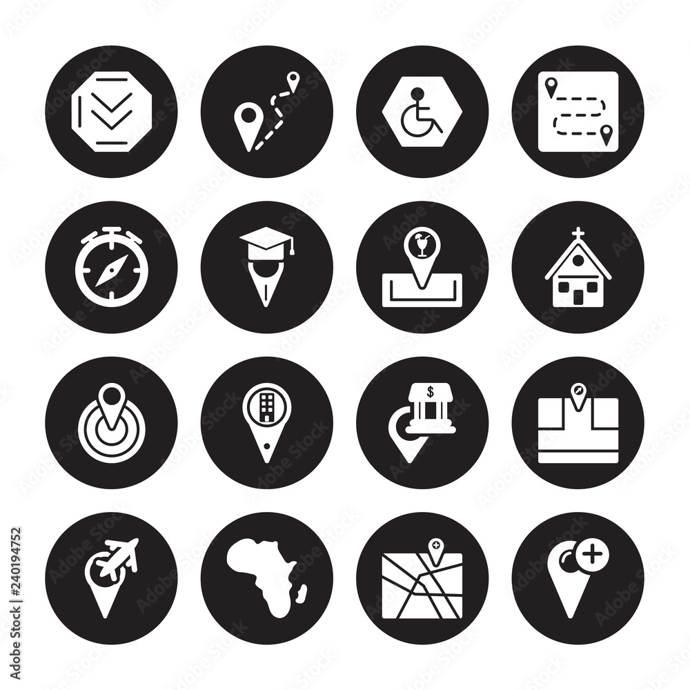 Fototapeta premium 16 vector icon set : Distance, Add to Map, Africa, Airport Pin, Arrow On Location, College Center, Club location isolated on black background