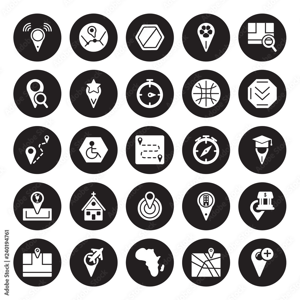 25 vector icon set : Geo Cordinates, Add to Map, Africa, Airport Pin, Arrow On Distance, College Center, Club location, Favorite Place isolated on black background.