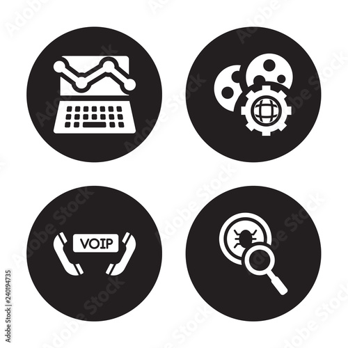 4 vector icon set : web traffic, voice over internet protocol, Cookies, Virus search isolated on black background