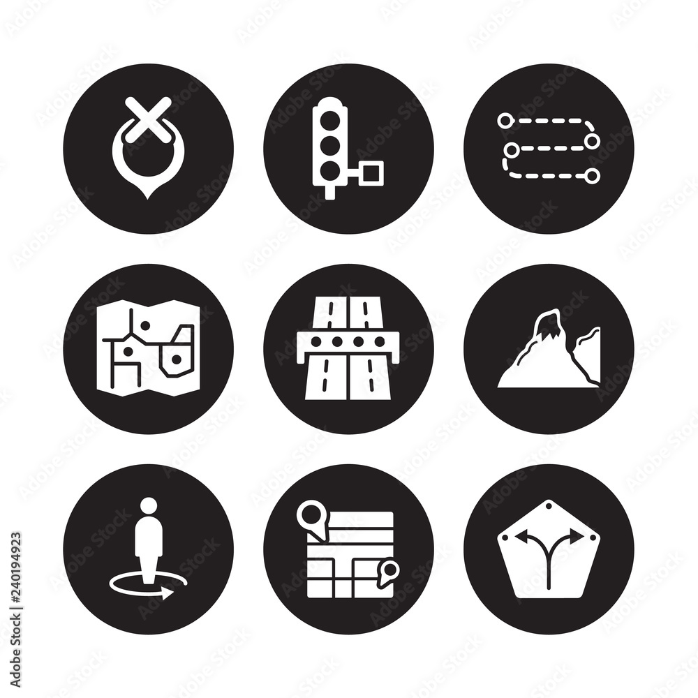 9 vector icon set : Unavailable Location, Traffic lights, Street view, Terrain, Toll road, Track, Touristic map, Map isolated on black background
