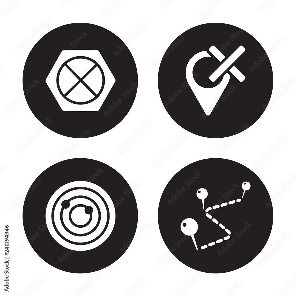 4 vector icon set : No gps, Navigation trajectory, Nearby, National Park Pin isolated on black background