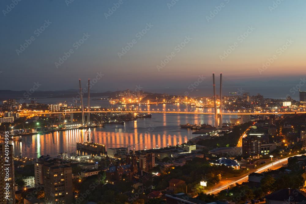 The main city of Primorsky region Rossi city port of Vladivostok. The lights of Vladivostok night bridge over Golden Horn Bay