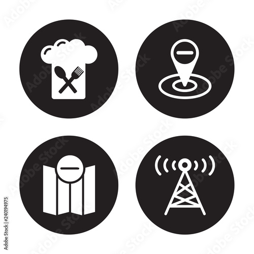 4 vector icon set   Restaurant  Remove from Map  Location  Radio tower isolated on black background