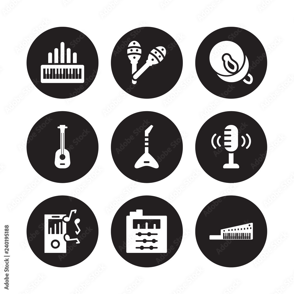 9 vector icon set : Organ, Maraca, Mp3, Voice recording, Jazz, Cymbal,  Ukelele, Sound mixer isolated on black background Stock Vector | Adobe Stock