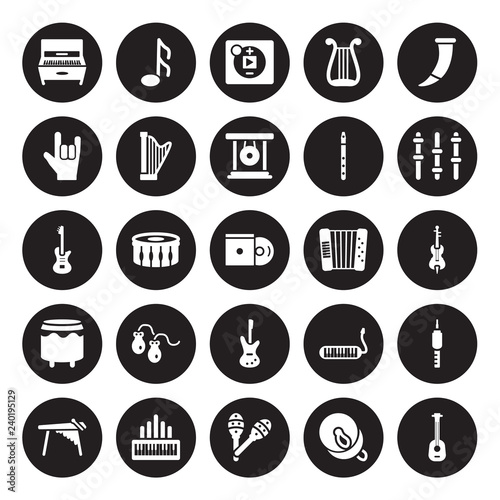 25 vector icon set : Piano, Cymbal, Maraca, Organ, Marimba, Equalizer, Accordion, Bass Guitar, Bongo, Heavy metal, Music player, Musical Note isolated on black background.
