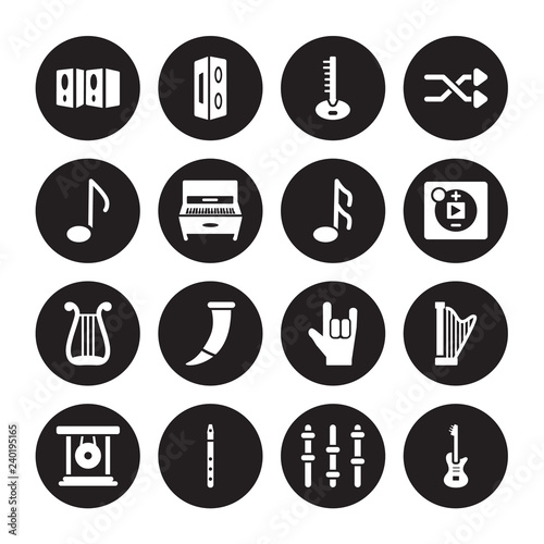 16 vector icon set : Speaker, Equalizer, Flute, Gong, Harp, Electric guitar, Quaver, Lyre, Musical Note isolated on black background