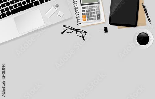 laptop with notebook, pen, black metallic paper clips, calculator, coffee cup, USB Flash Drive and eyeglasses on gray background. Vector illustration