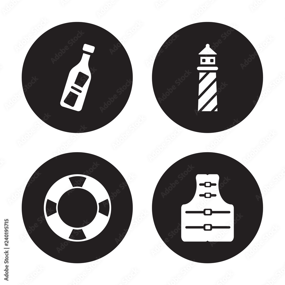 4 vector icon set : Message In a Bottle, Life preserver, Lighthouse, Jacket isolated on black background