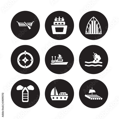 9 vector icon set : Seaworthy, ballast, port and starboard, capsizing, ship Admiral, afterdeck, Azimuth compass, Yacht Facing Right isolated on black background