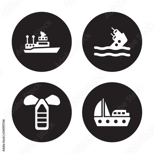 4 vector icon set : ship Admiral, port and starboard, capsizing, Yacht Facing Right isolated on black background