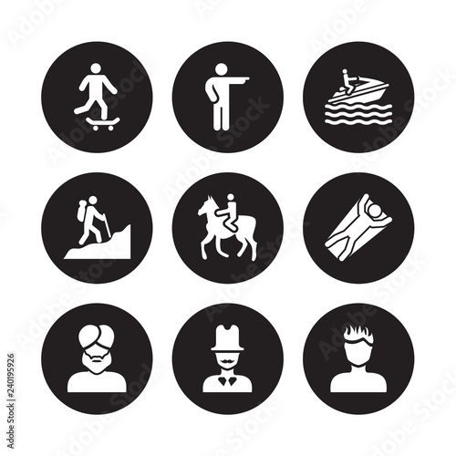 9 vector icon set : man riding Skateboarding, Man pointing, face with turban and beard, Flying, Horseriding, Jet ski, in Hike, top hat isolated on black background